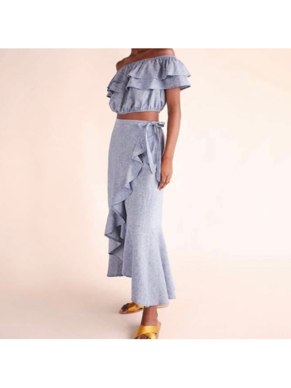 Express Chambray Ruffle Wrap Maxi Skirt Blue Size Small